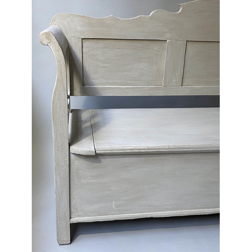 404 - SWEDISH SETTLE, 19th century, traditionally grey painted with rising seat, 183cm W.