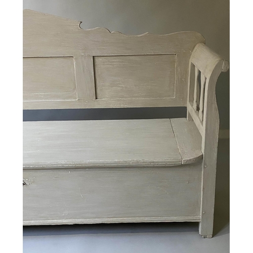 404 - SWEDISH SETTLE, 19th century, traditionally grey painted with rising seat, 183cm W.