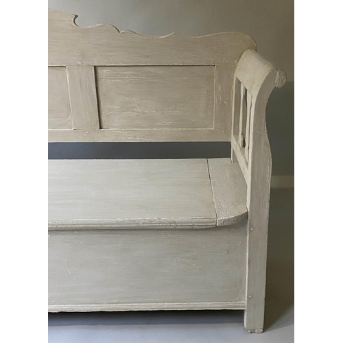 404 - SWEDISH SETTLE, 19th century, traditionally grey painted with rising seat, 183cm W.