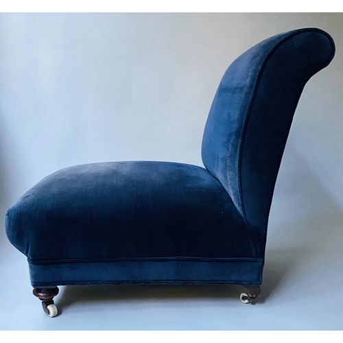 417 - SLIPPER CHAIR, Victorian walnut, with smoke blue velvet upholstery, 66cm W.