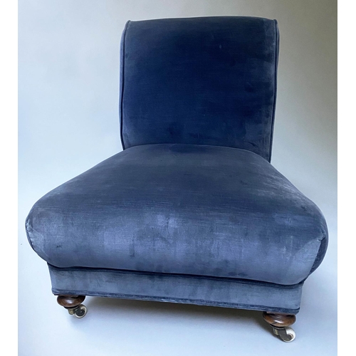 417 - SLIPPER CHAIR, Victorian walnut, with smoke blue velvet upholstery, 66cm W.