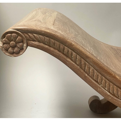 423 - WINDOW SEAT, Anglo Indian teak, with scroll ends, cane panelling and carved supports, 180cm x 55cm.