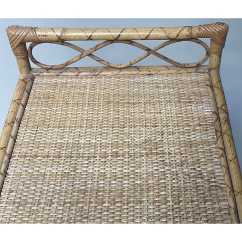 439 - LAMP TABLES, 66cm H x 34cm W x 34cm D, a pair, rattan and cane bound each with three wicker panelled... 