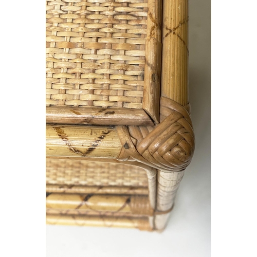 439 - LAMP TABLES, 66cm H x 34cm W x 34cm D, a pair, rattan and cane bound each with three wicker panelled... 