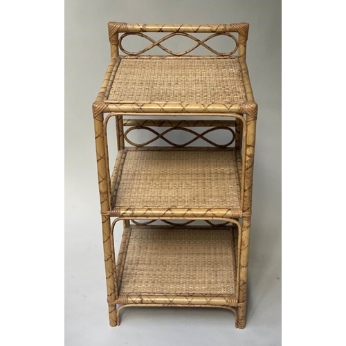 439 - LAMP TABLES, 66cm H x 34cm W x 34cm D, a pair, rattan and cane bound each with three wicker panelled... 