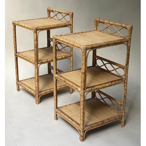 439 - LAMP TABLES, 66cm H x 34cm W x 34cm D, a pair, rattan and cane bound each with three wicker panelled... 