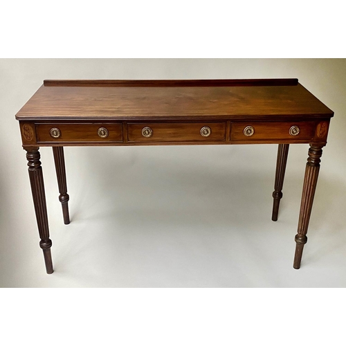 426 - WRITING TABLE, George III design, mahogany, with three frieze drawers and paterae inlay, 122cm x 49c... 