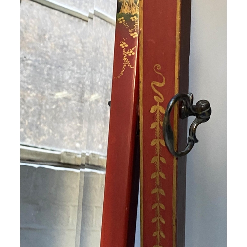 427 - DRESSING MIRROR, early 20th century, scarlet lacquered and Chinoiserie decorated, 150cm H x 46cm.