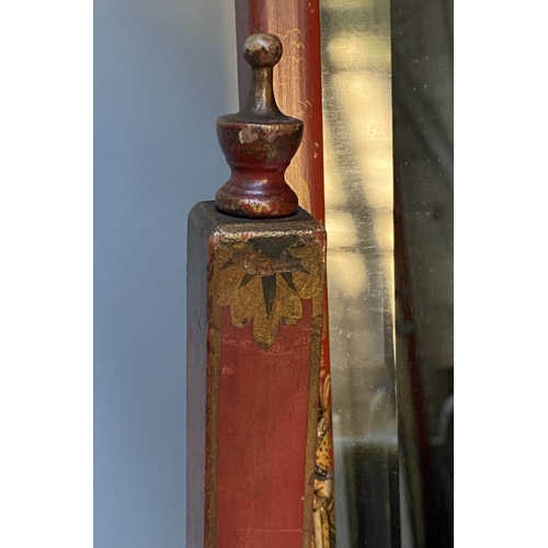 427 - DRESSING MIRROR, early 20th century, scarlet lacquered and Chinoiserie decorated, 150cm H x 46cm.