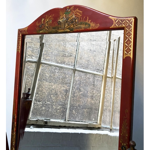 427 - DRESSING MIRROR, early 20th century, scarlet lacquered and Chinoiserie decorated, 150cm H x 46cm.