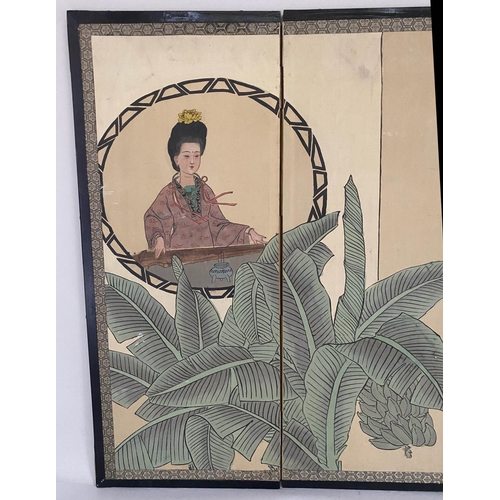 429 - SCREEN, mid 20th century, Chinese, three fold hand painted and wall hung, 148cm x 90cm H.