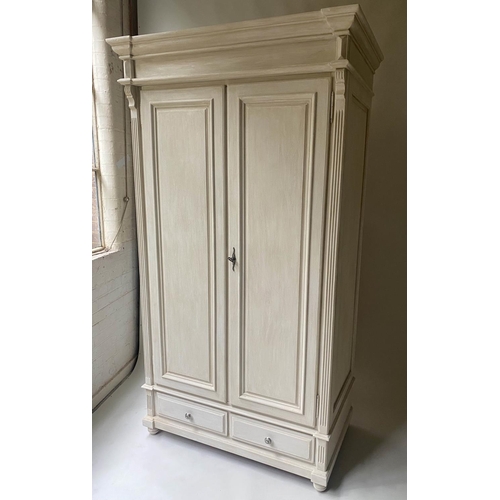 431 - ARMOIRE, French style, grey painted, with two panel doors and two drawers, 115cm x 207cm H x 66cm.