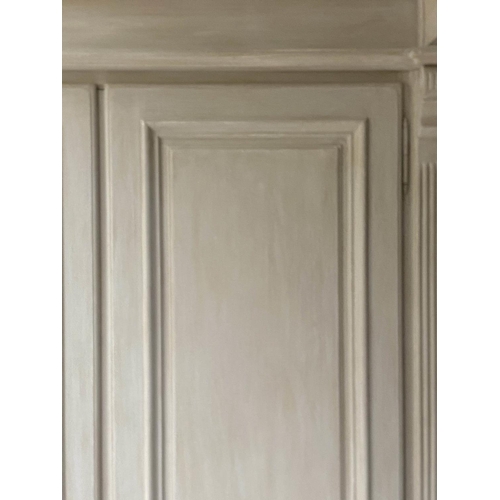 431 - ARMOIRE, French style, grey painted, with two panel doors and two drawers, 115cm x 207cm H x 66cm.