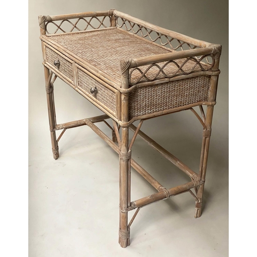 434 - BAMBOO SIDE TABLE, 86cm H x 92cm W x 47cm D, bamboo, rattan and cane bound with wicker panels and tw... 