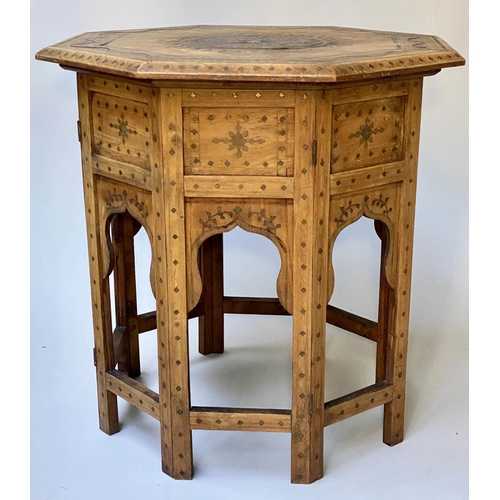 437 - HOSHIARPUR OCCASIONAL TABLE, North Indian teak, ebony and brass inlaid octagonal with folding suppor... 