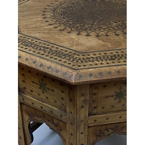 437 - HOSHIARPUR OCCASIONAL TABLE, North Indian teak, ebony and brass inlaid octagonal with folding suppor... 