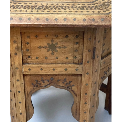 437 - HOSHIARPUR OCCASIONAL TABLE, North Indian teak, ebony and brass inlaid octagonal with folding suppor... 