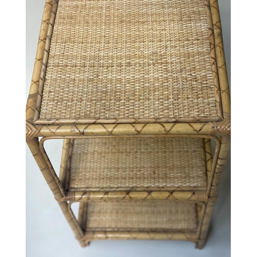 439 - LAMP TABLES, 66cm H x 34cm W x 34cm D, a pair, rattan and cane bound each with three wicker panelled... 