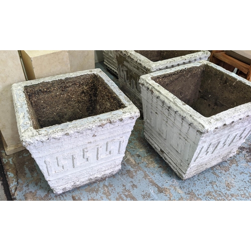 48 - PLANTERS, a pair, 66cm sq x 60cm H, white composite stone, with Greek mosaic pattern. (2)