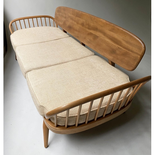 87 - ERCOL 'SURFBOARD' SOFA, 205cm W, elm and beech slatted with seat cushions and surfboard back.