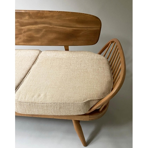 87 - ERCOL 'SURFBOARD' SOFA, 205cm W, elm and beech slatted with seat cushions and surfboard back.