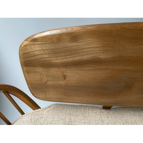 87 - ERCOL 'SURFBOARD' SOFA, 205cm W, elm and beech slatted with seat cushions and surfboard back.