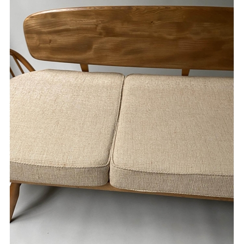 87 - ERCOL 'SURFBOARD' SOFA, 205cm W, elm and beech slatted with seat cushions and surfboard back.