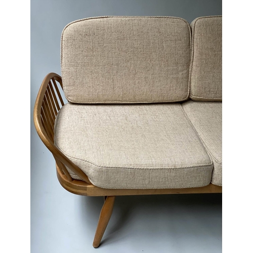 87 - ERCOL 'SURFBOARD' SOFA, 205cm W, elm and beech slatted with seat cushions and surfboard back.