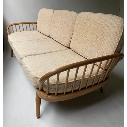 87 - ERCOL 'SURFBOARD' SOFA, 205cm W, elm and beech slatted with seat cushions and surfboard back.