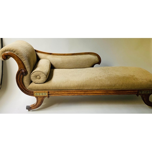 526 - REGENCY CHAISE LONGUE, early 19th century rosewood and brass inlaid with two tone taupe upholstery, ... 