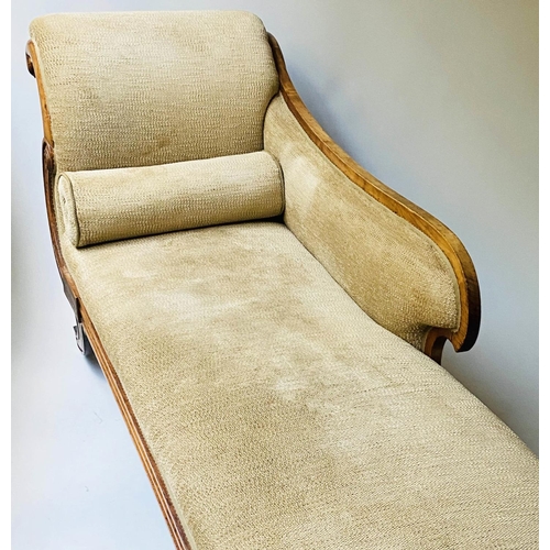 526 - REGENCY CHAISE LONGUE, early 19th century rosewood and brass inlaid with two tone taupe upholstery, ... 