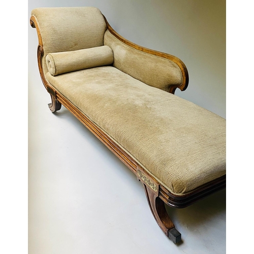 526 - REGENCY CHAISE LONGUE, early 19th century rosewood and brass inlaid with two tone taupe upholstery, ... 