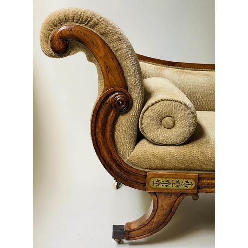 526 - REGENCY CHAISE LONGUE, early 19th century rosewood and brass inlaid with two tone taupe upholstery, ... 