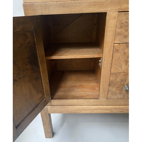 438 - SIDEBOARD, early 20th century, George V, solid burr oak, with three drawers and two cupboards, 120cm... 