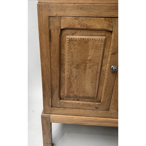 438 - SIDEBOARD, early 20th century, George V, solid burr oak, with three drawers and two cupboards, 120cm... 