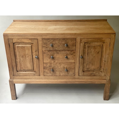 438 - SIDEBOARD, early 20th century, George V, solid burr oak, with three drawers and two cupboards, 120cm... 