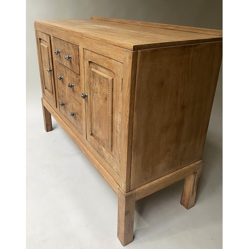 438 - SIDEBOARD, early 20th century, George V, solid burr oak, with three drawers and two cupboards, 120cm... 