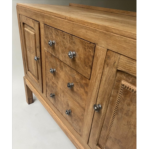 438 - SIDEBOARD, early 20th century, George V, solid burr oak, with three drawers and two cupboards, 120cm... 