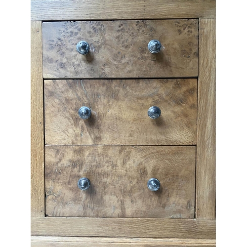 438 - SIDEBOARD, early 20th century, George V, solid burr oak, with three drawers and two cupboards, 120cm... 