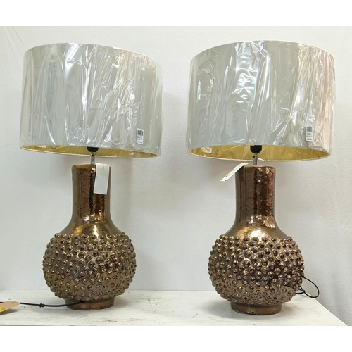 177 - COACH HOUSE TABLE LAMPS, a pair, 79cm H silver glazed ceramic, with shades. (2)