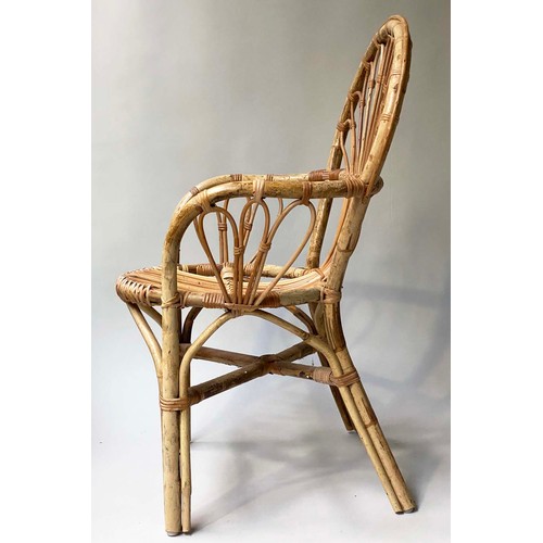 407 - CONSERVATORY ARMCHAIRS, a pair, vintage rattan, bamboo and cane bound with fan backs, 57cm W. (2)