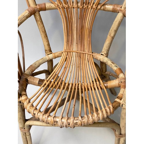 407 - CONSERVATORY ARMCHAIRS, a pair, vintage rattan, bamboo and cane bound with fan backs, 57cm W. (2)