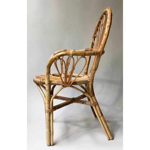 407 - CONSERVATORY ARMCHAIRS, a pair, vintage rattan, bamboo and cane bound with fan backs, 57cm W. (2)