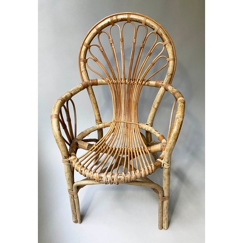 407 - CONSERVATORY ARMCHAIRS, a pair, vintage rattan, bamboo and cane bound with fan backs, 57cm W. (2)