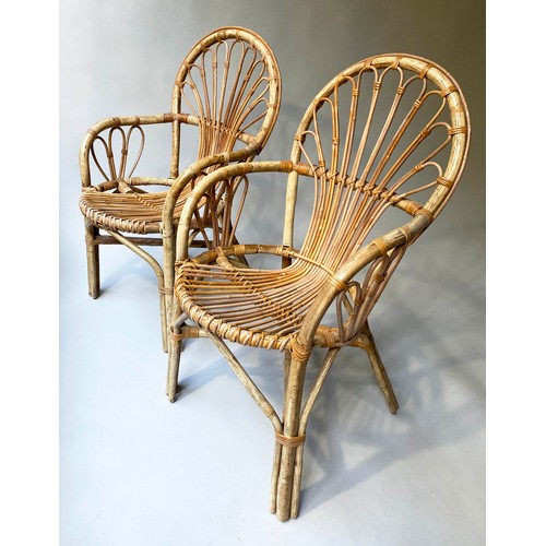 407 - CONSERVATORY ARMCHAIRS, a pair, vintage rattan, bamboo and cane bound with fan backs, 57cm W. (2)