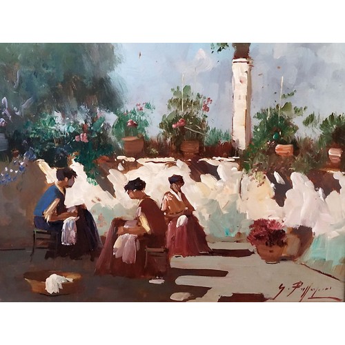 348 - G PALLADINI, 'Young Women in a Courtyard', oil on board, 22cm x 28cm, signed, framed.