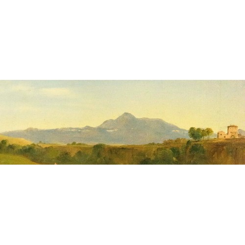 353 - MANNER OF CAMILLE COROT, 'Monte Gavo, Alban Hills, Italy oil on paper, 5.5cm x 15.5cn monogrammed, '... 