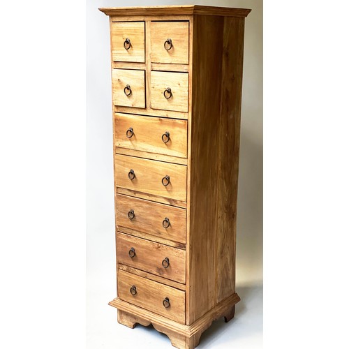 411 - TALL CHEST, faded teak, with four short and five long drawers. 50cm W x 149cm H x 43cm D.