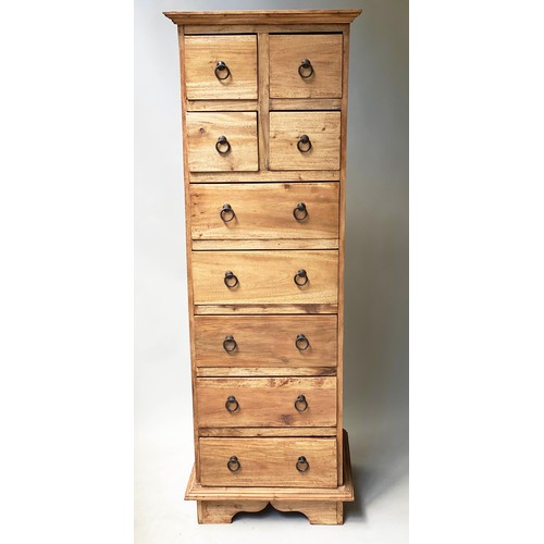 411 - TALL CHEST, faded teak, with four short and five long drawers. 50cm W x 149cm H x 43cm D.