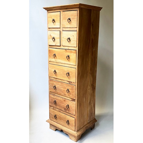 411 - TALL CHEST, faded teak, with four short and five long drawers. 50cm W x 149cm H x 43cm D.